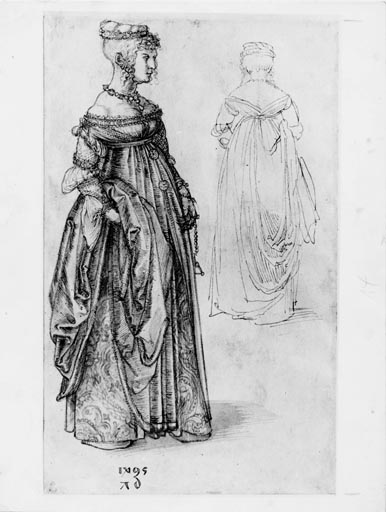 Frau in venezianischem Kostuem, daneben dasselbe Kostuem von rueckwaerts van Albrecht Dürer