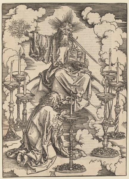 Johannes erblickt die sieben Leuchter, aus der Folge der Apokalypse, Latein-Ausgabe 1511 van Albrecht Dürer