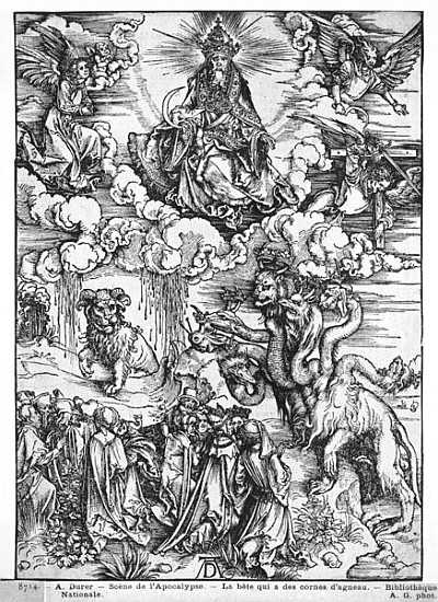 Scene from the Apocalypse, The seven-headed and ten-horned dragon van Albrecht Dürer