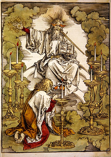 St. John on the Island of Patmos receives inspiration from God to create the Apocalypse, 1498 (colou van Albrecht Dürer