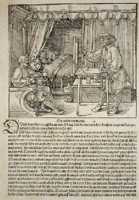 Artist using Durer's drawing machine to paint a figure, from 'Course in the Art of Drawing' by Albre
