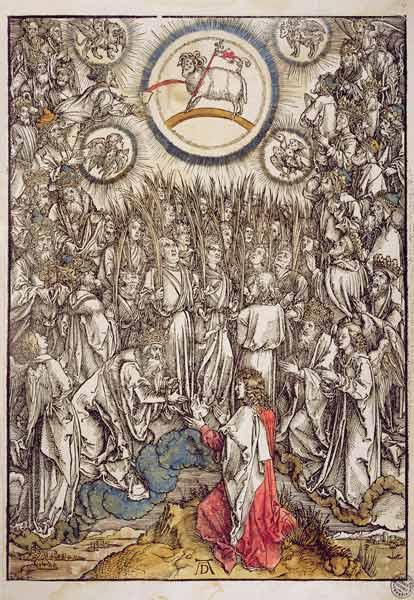 The Lamb of God appears on Mount Sion, 1498 (colour woodcut)