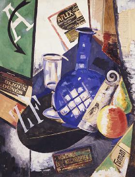 Still life with bottle and glass, by Alexandra Exter (1882-1949), oil and collage on canvas, 68x53 c