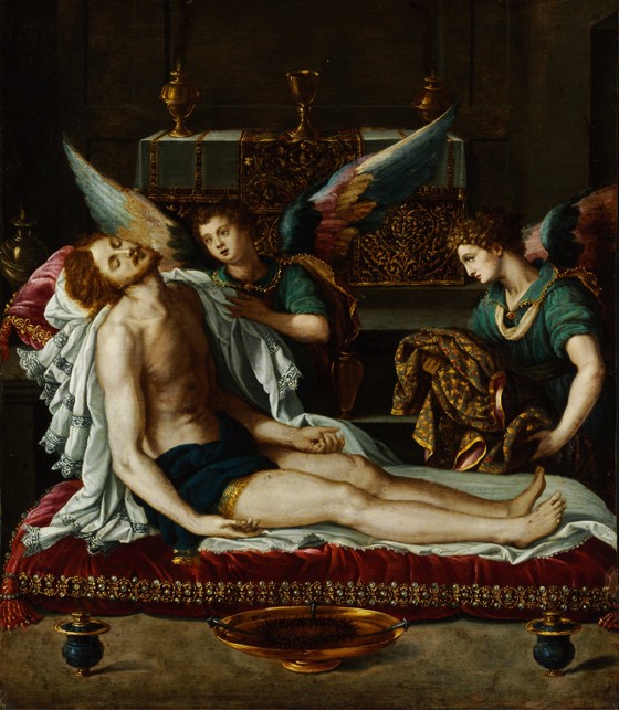 The Body of Christ Anointed by Two Angels van Alessandro Allori