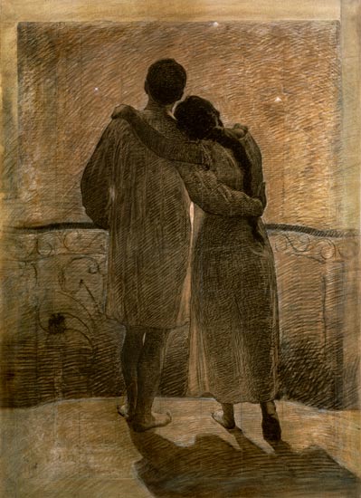 Young Couple, central panel from the Dream and Reality Triptych van Alessandro Morbelli