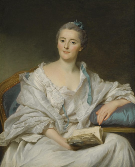 Portrait of Marie-Françoise Julie Constance Filleul, Marquise de Marigny with a book van Alexander Roslin