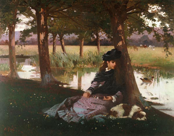 An Afternoon by a river with a King Charles Spaniel van Alexander Rossi