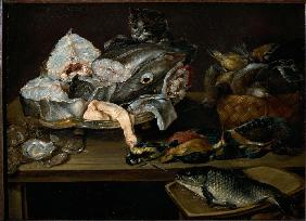 STill Life with Fishes, Seafood, Poultry and Cat