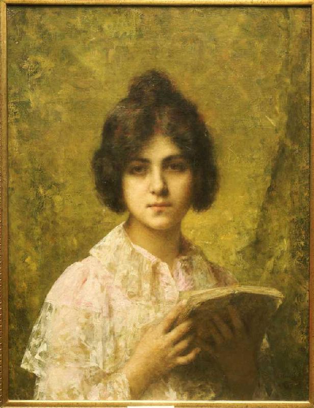 Junge Frau, ein Buch haltend. van Alexei Alexevich Harlamoff