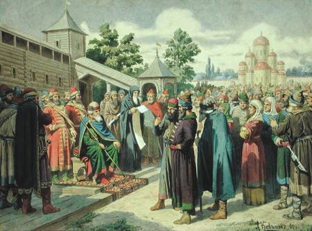 Reading of the Code in the Presence of Grand Duke Jaroslav of Novgorod van Alexej Danilovich Kivschenko