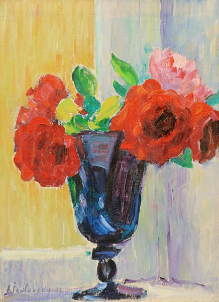 Großes Stilleben: Rosen in Blauer Vase van Alexej van Jawlensky