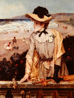 Young Woman at the Beach, or The Parisienne by the Sea (oil on canvas) van Alfred Emile Stevens