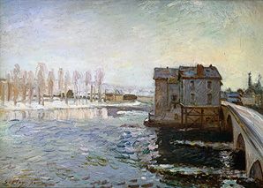 Wassermühle an der Brücke von Moret im Winter van Alfred Sisley
