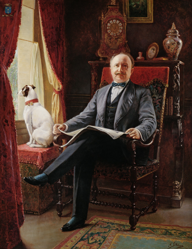 Portrait of M. le Comte de C. with his dog van Alfred Stevens
