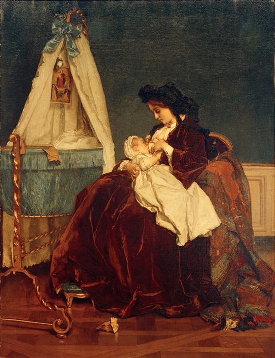 Eine Mutter od. Mutterfreuden (Die Frau des Künstlers mit dem Sohn Léopold). van Alfred Stevens