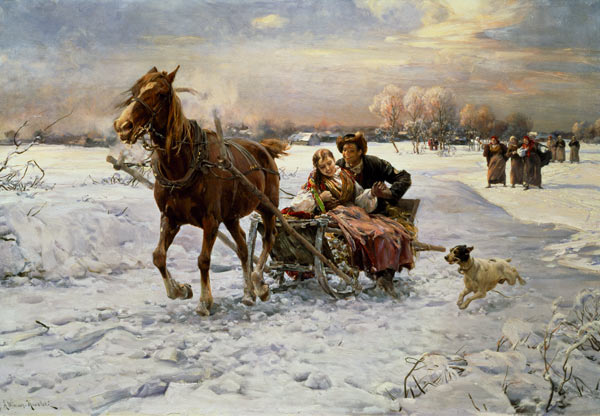 Lovers in a sleigh van Alfred von Wierusz-Kowalski