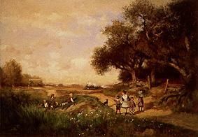 Landschaft mit Kindern und herannahendem Zug van Alfred Wordsworth Thompson