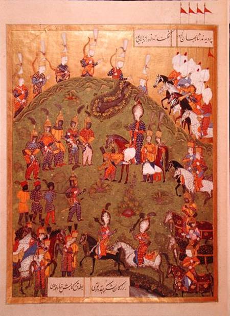 The Sultan Suleyman I (1495-1566) arriving at the fortress of Bogurdelen, from the 'Suleymanname' (M van Ali Amir Ali Amir Beg