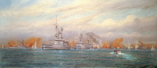 H.M.S. Albion commanded by Capt. A. Walker-Heneage completing the destruction of the outer forts of van Alma Claude Burlton Cull
