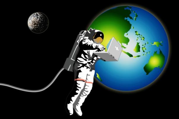 Astronaut with laptop in space van Aloysius Patrimonio