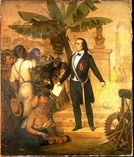 Joseph Napoleon Sebastien Sarda Garriga (1808-77) with the Emancipation Decree on La Reunion van Alphonse Garreau