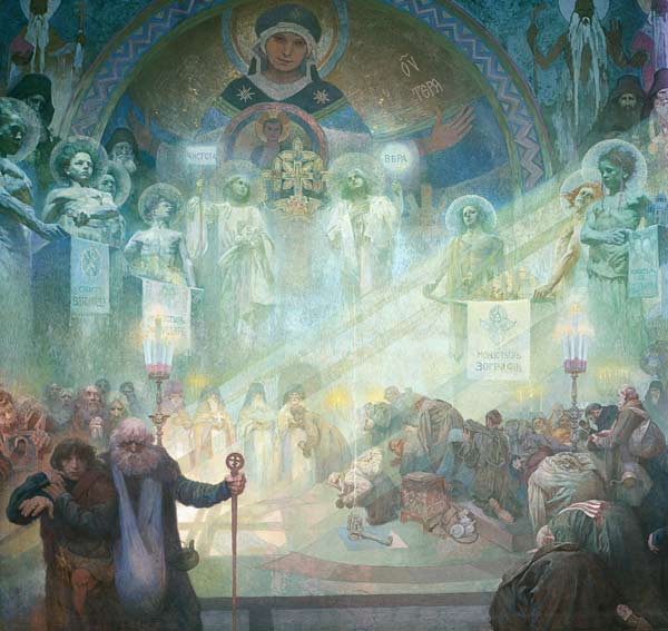 Das slawische Epos: Im Kloster auf dem Berg Athos. van Alphonse Mucha
