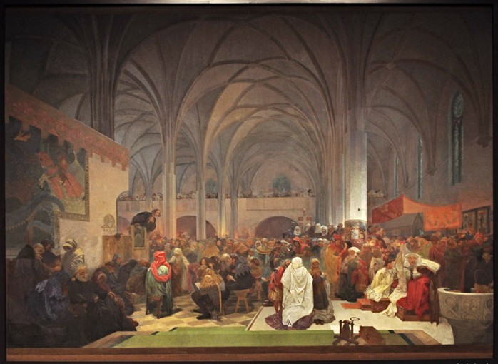 Master Jan Hus Preaching at the Bethlehem Chapel (The cycle The Slav Epic) van Alphonse Mucha