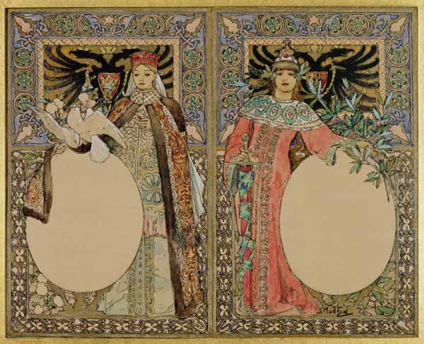 Buch-Illustration mit Frauen in Tracht. van Alphonse Mucha