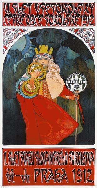 Plakat zum 6. Treffen der tschechischen Sokol-Vereinigung, Prag 1912. 
