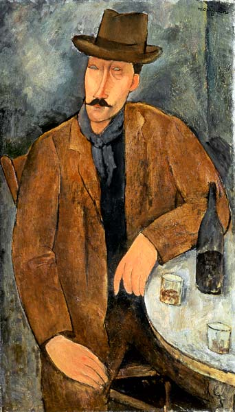 A seated man leaning on a table van Amadeo Modigliani