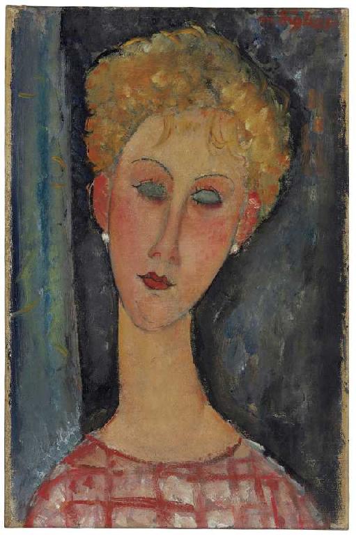 Blonde junge Frau mit Ohrringen van Amadeo Modigliani