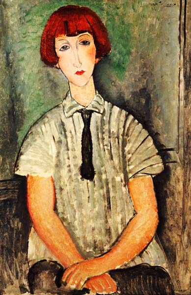 Junges Mädchen in gestreiftem Hemd van Amadeo Modigliani