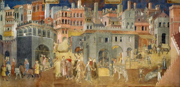 Effects of Good Government in the city (Cycle of frescoes The Allegory of the Good and Bad Governmen van Ambrogio Lorenzetti