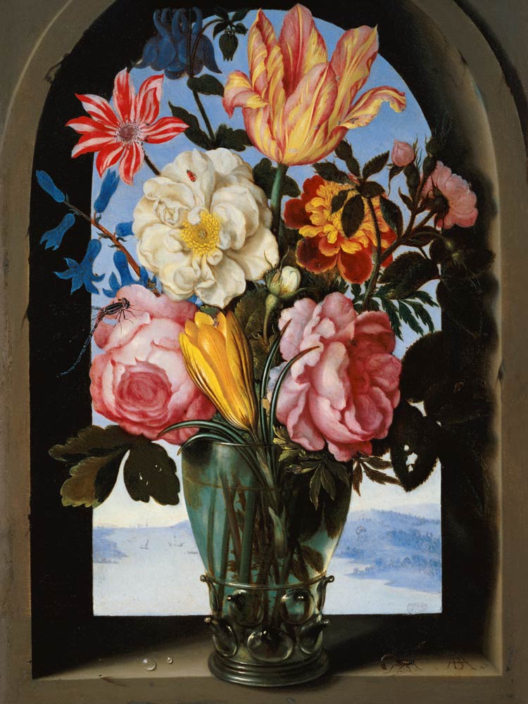 Still life of flowers in a drinking glass van Ambrosius Bosschaert