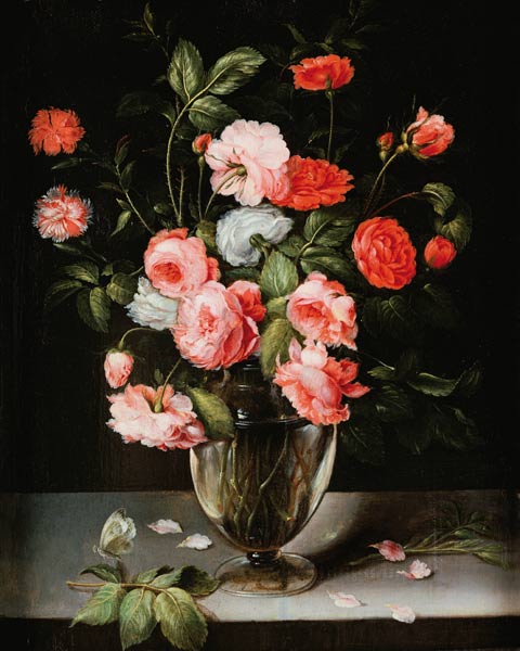 Rosen und Nelken in einer Glasvase auf einem Sims. van Ambrosius Brueghel