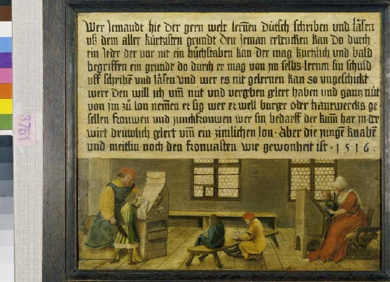 Ein Schulmeister und seine Frau bringen drei Knaben und einem Mädchen das Lesen bei. van Ambrosius Holbein