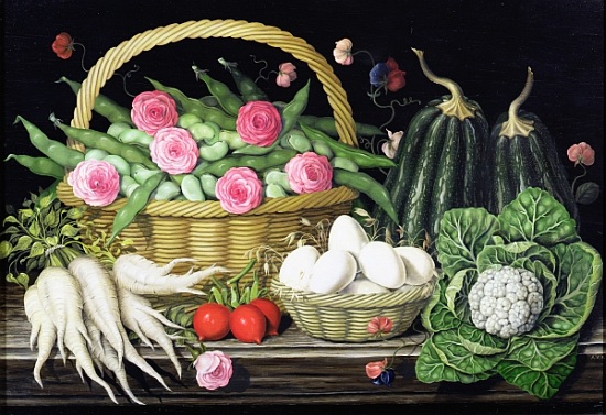 Eggs, broad beans and roses in basket van  Amelia  Kleiser