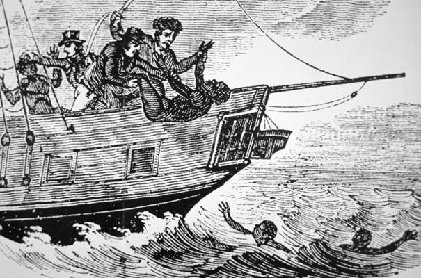 Dumping slaves overboard due to reasons ranging from sickness to rebellion (engraving) van American School