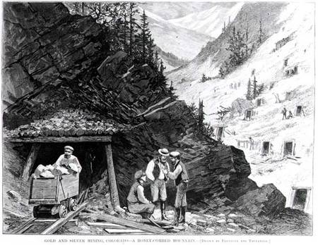Gold and Silver Mining, Colorado - A Honey-Combed Mountain, from a drawing by Frenzeny and Tavernier van American School
