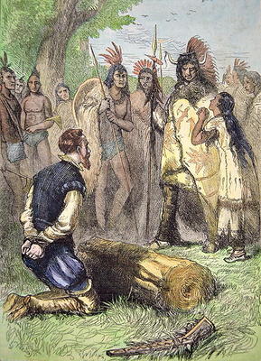 Pocahontas saves the life of John Smith (coloured engraving) van American School