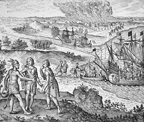 Pocahontas is enticed aboard the English ship to Jamestown (engraving) van American School, (17th century)