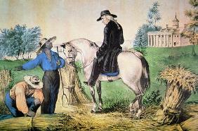 George Washington (1732-99) on his Mount Vernon estate with his black field hands, 1797 (colour lith