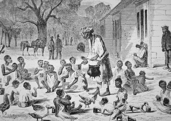 A cook feeding slave children on a Southern plantation, c.1860 (engraving) van American School, (19th century)