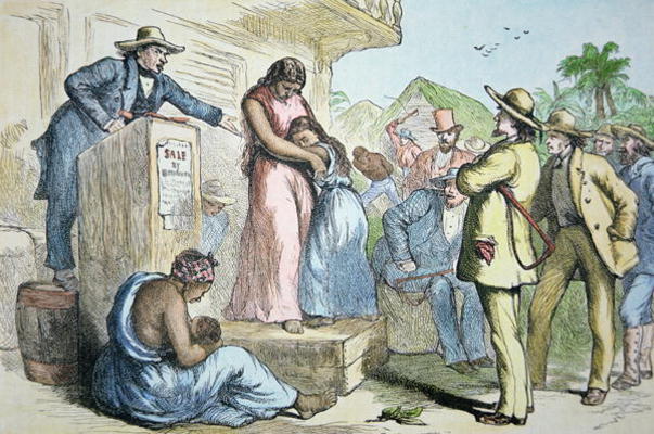A slave auction in the Deep South, c.1850 (coloured engraving) van American School, (19th century)