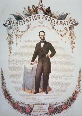 A souvenir print of the Emancipation Proclamation, issued 1st January 1863 (colour litho) van American School, (19th century)