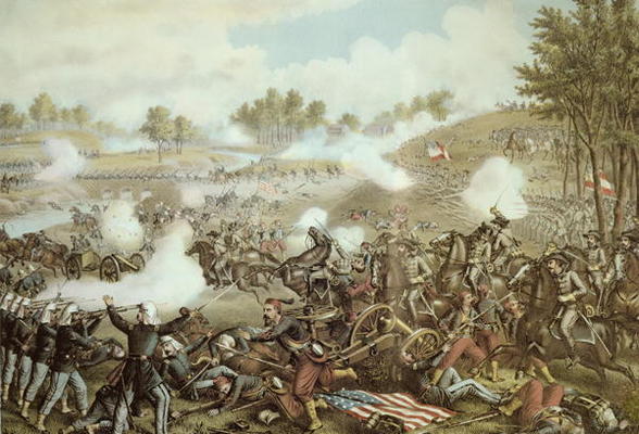 Battle of First Bull Run, 1861 (litho) van American School, (19th century)