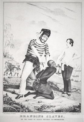 Branding slaves on the coast of Africa, prior to embarkation, 1845 (litho) van American School, (19th century)