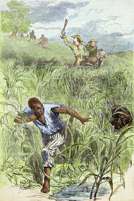 Hunting an escaped slave with dogs (coloured engraving) van American School, (19th century)