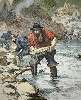 Prospectors panning for gold during the Californian Gold Rush of 1849 (coloured engraving) van American School, (19th century)
