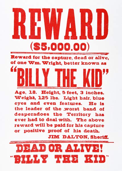 Reward Poster for Billy the Kid (1859-81) (litho) van American School, (19th century)